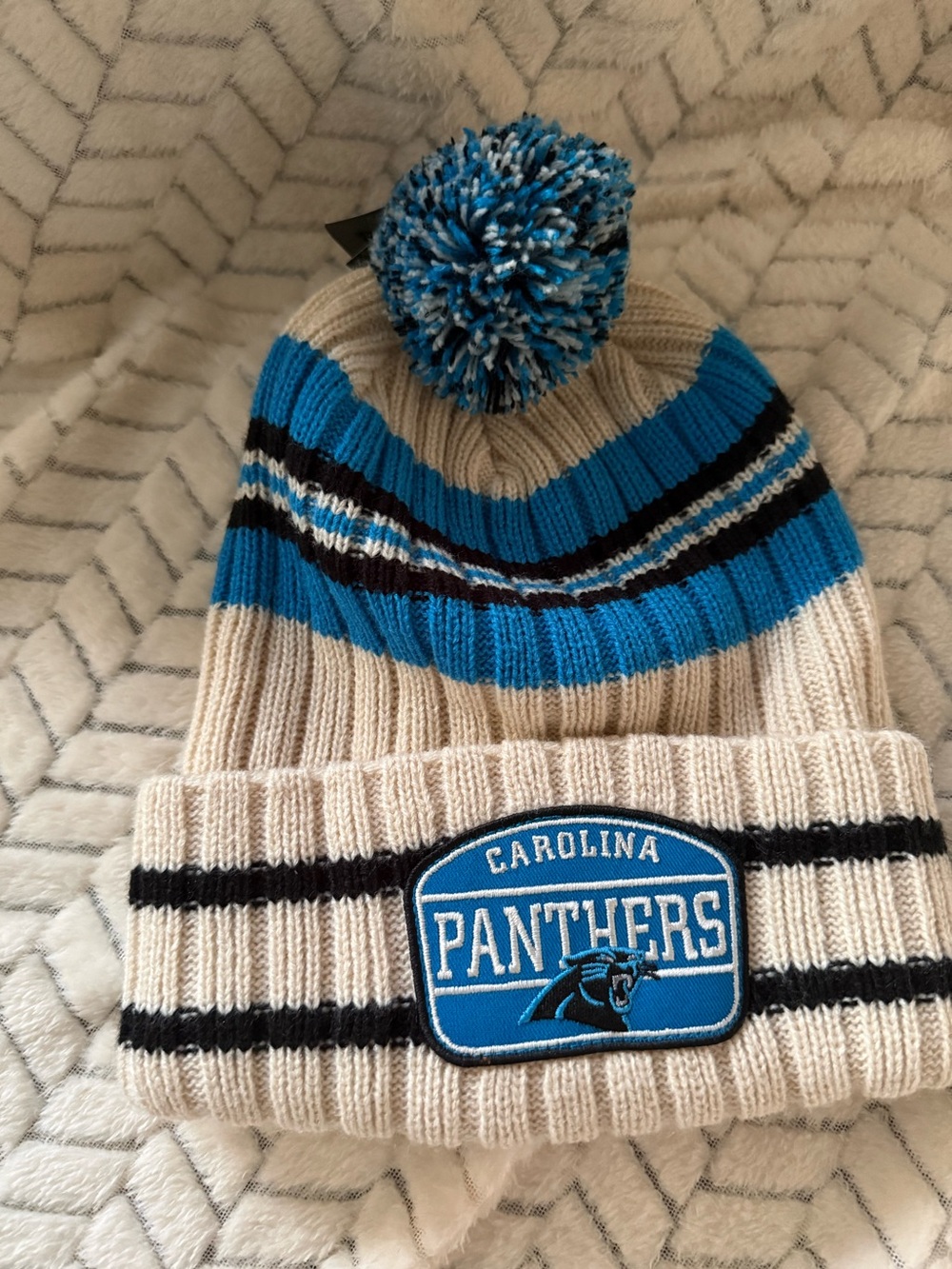 47 Carolina Panthers Pom Beanie in Cream and Blue